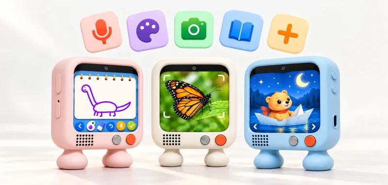Three Puddibear devices in pink, warm white and blue with five app icons