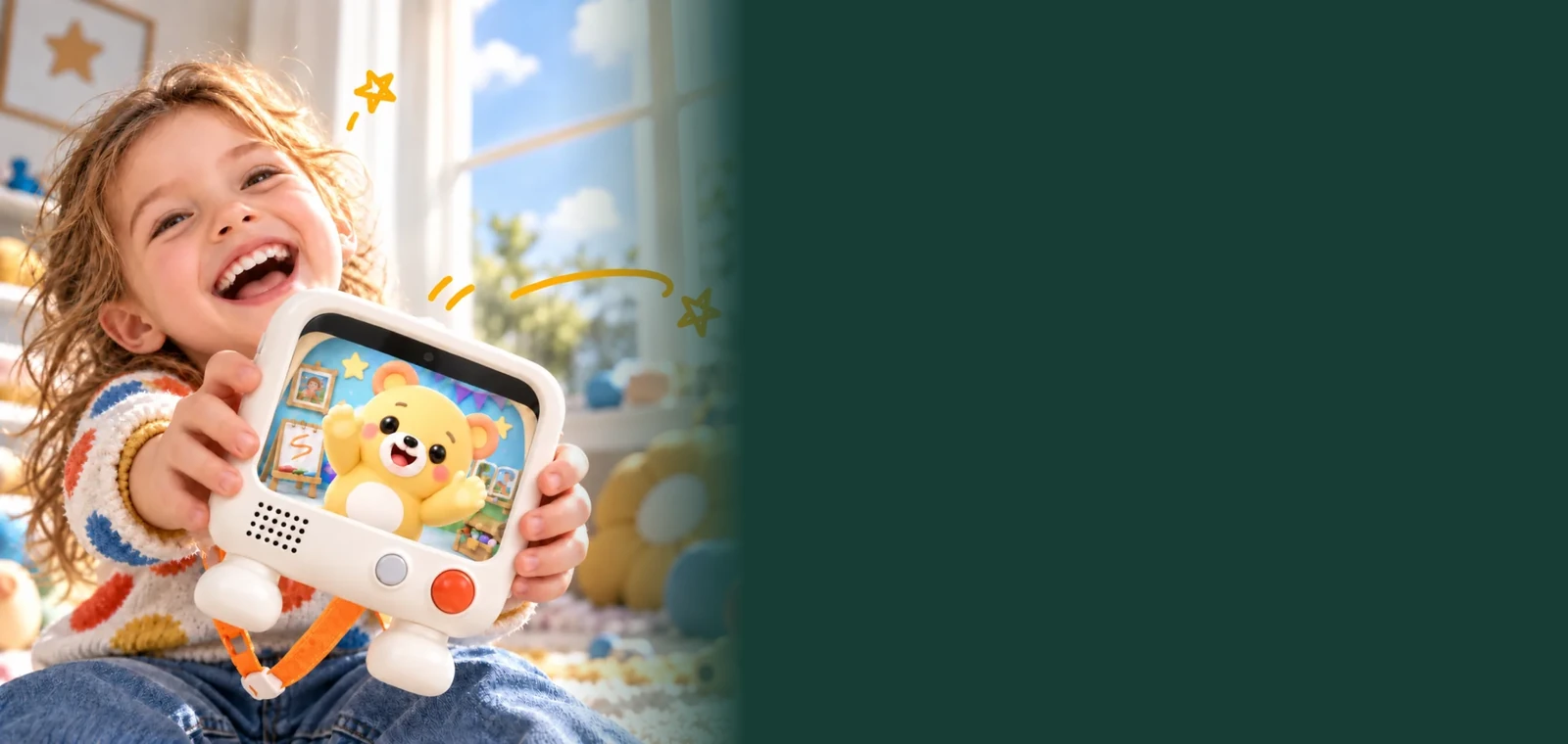 A child holds the Puddibear device in a bright playroom