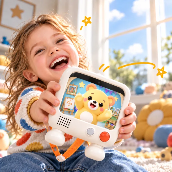 A child holds Bubu in a bright playroom