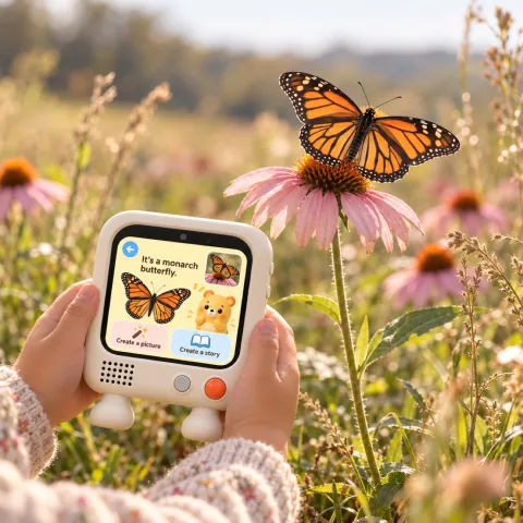A child photographs a monarch butterfly in a garden